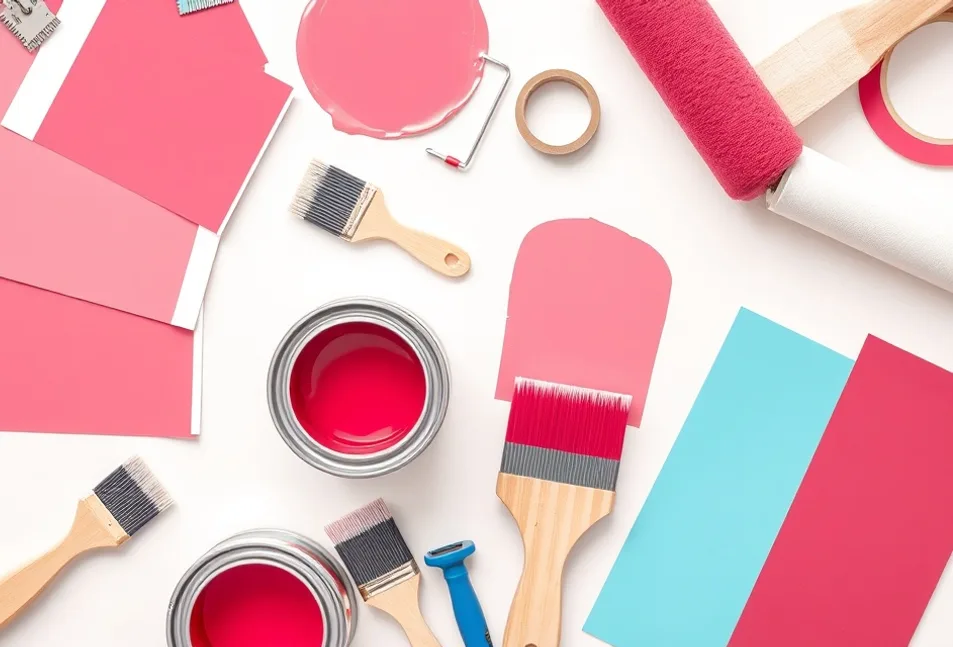 Pots de peinture, nuancier, brosses et rouleaux disposés à plat