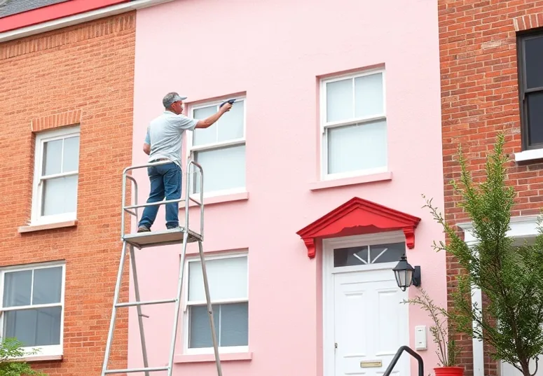 Peintre sur échafaudage traitant la façade d'une maison
